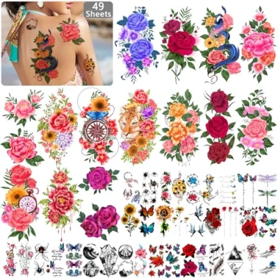 Afbeelding van 49 Vellen Tijdelijke Tatoeages Voor Vrouwen en Mannen 3D Extra Grote Waterdichte Sexy Bloemen nep Tattoo Kits