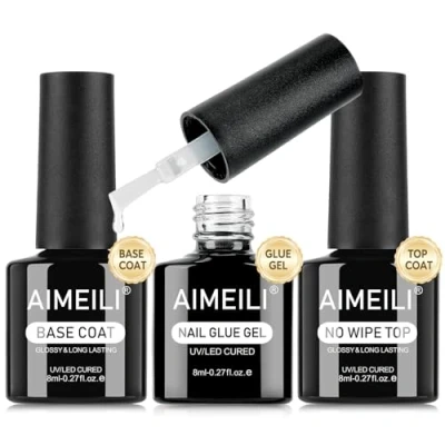 Afbeelding van AIMEILI Gelnagellak, 3 stuks, base en toplaag, ultra glanzend, nagellijm, extra sterke kunstnagellijm, voor het aanbrengen van Amerikaanse nagels, capsules om op de nagels te drukken