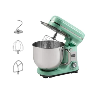 Afbeelding van Bestron Keukenmachine, Super Stille (65dB) 4 in 1 Keukenmachine met DC motor, 6 liter mengkom, incl. deeghaak, garde en klopper, snelheden + pulsefunctie, kleur: Mint