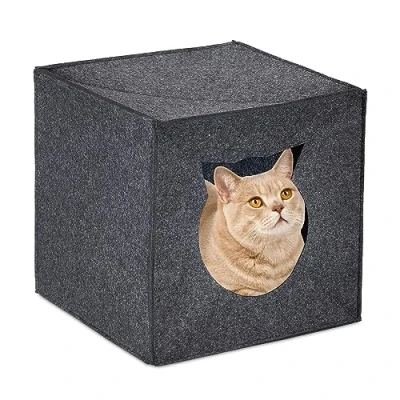 Afbeelding van Relaxdays kattenhol vilt kattenkubus kattenhuis poezenmand hondenhol vierkant antraciet