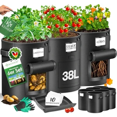 Afbeelding van KESSER® Set van 6 plantenzakken voor aardappelen, 38 liter, vliesstof, met naamlabels, raam en handgrepen, wasbaar handschoenen werkmat, zwart