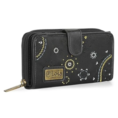 Afbeelding van Lois Bedrukte portemonnee met borduurwerk voor dames mandala gemaakt van canvas en leer, ontworpen dagelijks gebruik RFID bescherming, Zwart (Cartera 304416), informeel
