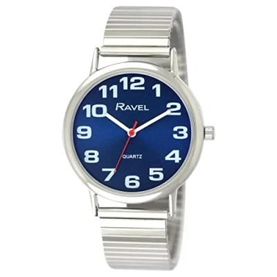 Afbeelding van Ravel Uniseks horloge met uittrekbare armband van roestvrij staal grote cijfers kwarts analoog R0208, Zilver/Blauw,