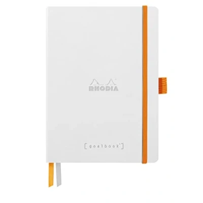 Afbeelding van RHODIA 117815C Notitieboek, Bullet Journal, Goalbook, wit, A5, gestippeld, 240 pagina&#039;s, lichtbruin papier, 90 g, 2 banden, elastische sluiting, omslag van kunstleer