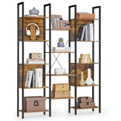 Afbeelding van VASAGLE Vrijstaande boekenkast met 14 planken metalen frame voor woonkamer, kantoor, industrieel design, 24 x 128 166 cm, vintage bruin/inktzwart LLS157K01