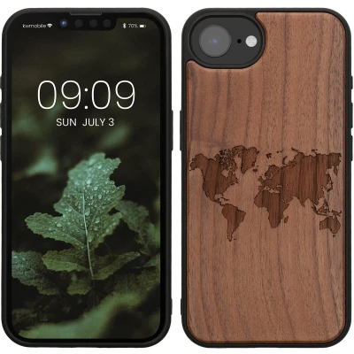 Afbeelding van kwmobile telefoonhoesje geschikt voorApple iPhone 16e Hoesje met bumper walnoothout In donkerbruin Wereldkaart design