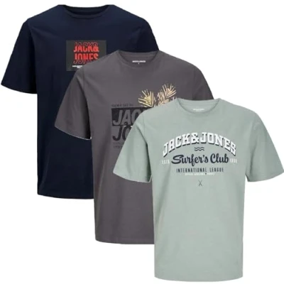 Afbeelding van JACK &amp; JONES Set van 3 T shirts voor heren, grote maat, ronde hals, shirt, 2XL, 3XL, 4XL, 5XL, 6XL, 7XL, 8XL, maten # 75