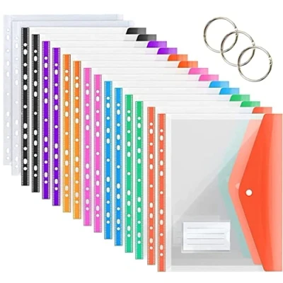 Afbeelding van KAHEIGN 16 stuks uitbreidbare geperforeerde hoezen, 8 kleuren, A4 plastic hoezen met drukknoop, etikettenzak en ringen voor thuis, kantoor, school