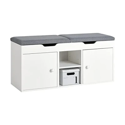 Afbeelding van SoBuy FSR96 W Schoenenbank, commode entree met gevoerd kussen, 2 zits, planken en deuren, 100 x 34 48 cm