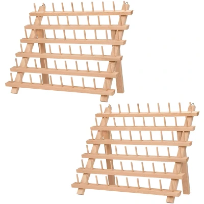 Afbeelding van Kurtzy 60 Spoelen Houten Draad Rek Houder (2 Pak) Draden Organiser Standaard met Muur Ophang Haken Staand of Gemonteerd Berkenhout Naai Voor Borduren, Quilten &amp; Garens
