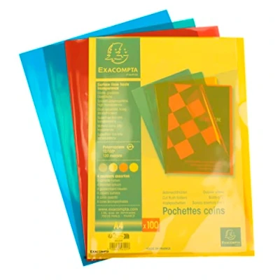 Afbeelding van Exacompta Ref. 56121E Zak met 100 hoekhoezen Gemaakt van hoogwaardig, glad polypropyleen Extra dikke dikte 12/100e A4 4 verschillende kleuren