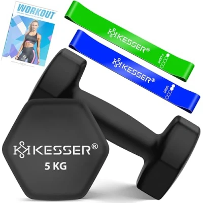 Afbeelding van KESSER® Dumbells Set 2 Paren Gewichten verstelbare Dumbell Geschikt voor Krachttraining Halterset met oefeningenboekje, 2x fitnessbanden, x 5 kg Zwart
