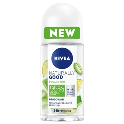 Image de NIVEA NATURALLY GOOD déodorant Femme Aloe Vera Bio Bille 50 ml, avec 95% d’ingrédients d’origine naturelle, roll on fraîcheur 24h