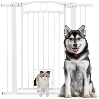 Afbeelding van PawHut Veiligheidshek voor honden, 76 104 cm, zonder boren, van staal, trappen, deuren, hal, wit
