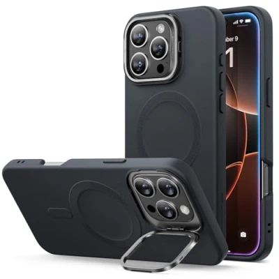 Afbeelding van ESR Siliconen hoes met standaard voor iPhone 16 Pro Max, compatibel MagSafe, geïntegreerde camerahouder, magnetische hoes, Cloud serie, zwart
