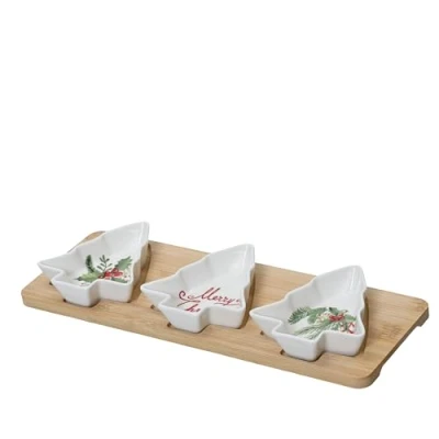 Afbeelding van Decoris tapasset porselein bamboe plankje met 3 kerstboompjes