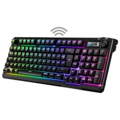 Afbeelding van Spirit of Gamer Elite K60, semi mechanisch gamingtoetsenbord, draadloos en Bluetooth, oplaadbaar, batterijduur 360 uur, 2,4 GHZ verbinding, lcd display, 15 RGB achtergrondverlichtingseffecten, 19