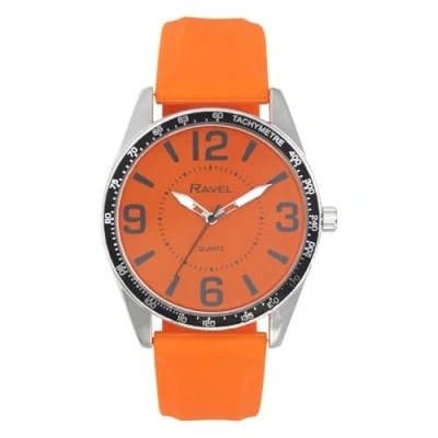 Afbeelding van Ravel RS001 herenhorloge Big Digit zilvertint met zwarte bovenste ring op siliconen sportarmband analoog kwarts, Oranje