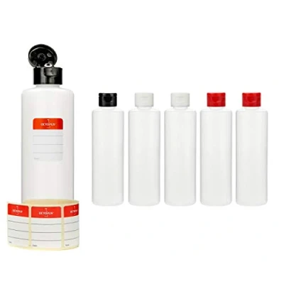 Afbeelding van Octopus Set van 6 plastic flessen 250 ml met kleurrijke klapsluiting, lege gekleurde scharniersluiting, ronde beschrijfbare etiketten