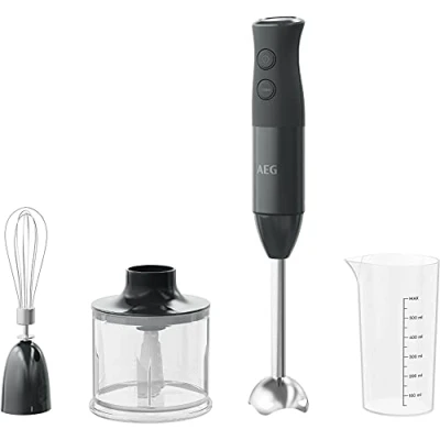 Afbeelding van AEG HB4 1 6GG staafmixer met accessoires, vermogen 600 W, 10 snelheden, turbo functie, mini hakmolen, kloparm, 0,6 l maatbeker, vaatwasmachinebestendig, BPA vrij, zwart