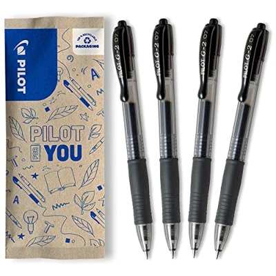 Afbeelding van Pilot pak van 4 G2 intrekbare en hervulbare gel inkt rollerball pennen, gerecyclede plastic zwart, medium punt