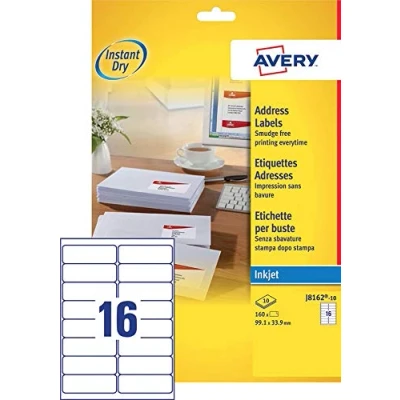 Afbeelding van Avery J8162 10 Adresetiketten Ft 99,1 X 33,9 Mm (b H), 160 Etiketten, Wit Etiket