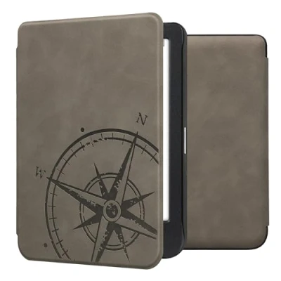 Afbeelding van kwmobile e reader hoesje geschikt voor Kobo Clara BW / Colour hoes Ereader flip case met standaard Kunstleren cover Vintage Kompas design in grijs