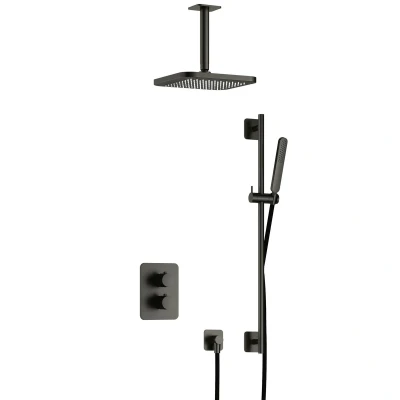 Afbeelding van Hotbath Gal Regendoucheset IBS40A Geborsteld Gunmetal PVD Staaf Handdouche 22cm Hoofddouche Plafondbuis 15cm met glijstang