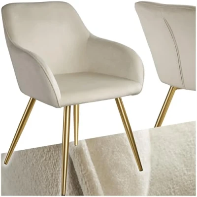 Afbeelding van tectake® Stoel eetkamerstoel Marilyn fluweellook creme/goud 404623
