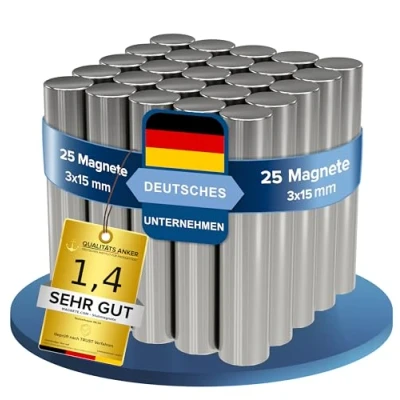 Afbeelding van Neodymium magneten, 25 stuks, zilver, extra sterk, diameter 3 x 15 mm, sterke hechtkracht: ca. 0,5 kg, magneten voor whiteboard, prikbord, bord
