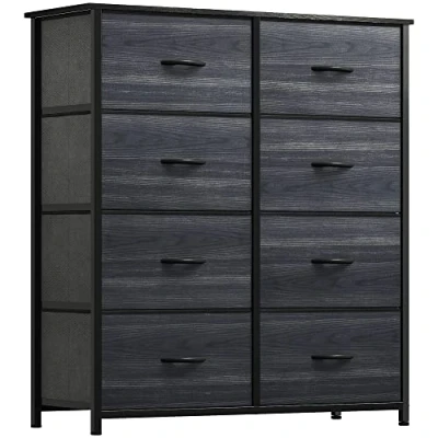 Afbeelding van YITAHOME Commode met 8 laden voor slaapkamer, stoffen commode, opbergladen handgrepen, metalen frame woonkamer, hal, kinderkamer, zwart antraciet houtnerf