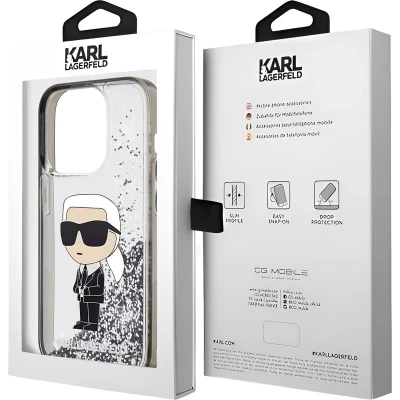 Afbeelding van Karl Lagerfeld, Hoesje Geschikt voor Apple iPhone 15 Pro Floating Glitter reliëf randen, Zilveren