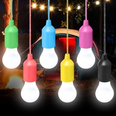 Afbeelding van Set van 6 led campinglampen met trekschakelaar, werkt op batterijen, draagbare tentlamp, ledlamp voor wandelen, kamperen, tuin, tent, feest, grilldecoratie (zonder