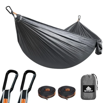 Afbeelding van NatureFun Ultralichte campingreishangmat 300 kg draagvermogen, (275 x 140 cm) nylon parachute 2 hoogwaardige karabijnhaken, riemen voor binnen/buiten tuin
