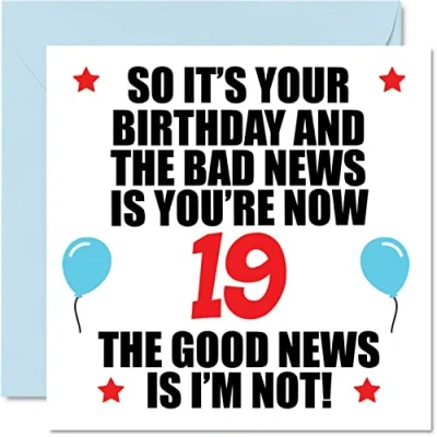 Afbeelding van Stuff4 Grappige verjaardagskaart voor 19e verjaardag mannen en vrouwen Bad News Verjaardagskaarten 19 jaar zoon, dochter, broer, zus, neef, vriend, 145 mm x