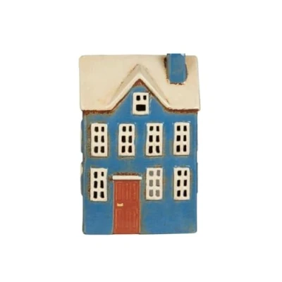 Afbeelding van IB Laursen keramieken huisje waxinelichthouder blauw bruine deur 27655 13