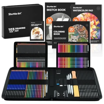 Afbeelding van 103 Pack tekenpotloden, Shuttle Art schetsen en kleurpotloden set met tekenblokken, grafietpotloden in stevige ritssluiting, potloden voor kunstenaars schetsen, kunstset kinderen, volwassenen, beginners