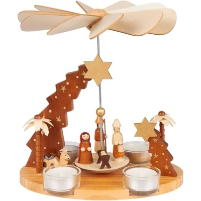 Afbeelding van BRUBAKER Kerstpiramide van hout, ster Betlehem, Jezus, Maria, Jozef en Herder, 22 cm grote theelichtpiramide voor Kerstmis, draaibare tafelpiramide 4 theelichtjes, handbeschilderd