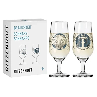 Afbeelding van borrelglas 40 ml set van 2 serie Brauchzeit nr. 1 + dierenwezen rond, blauw en grijs