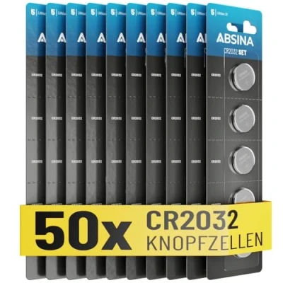 Afbeelding van ABSINA CR2032 knoopcellen, 3 V, CR2032, lekvrij, lange levensduur, CR 2032, 50 stuks