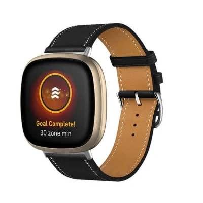 Afbeelding van Fitbit Versa 3/4 &amp; Sense 1/2 leren bandje Zwart Roestvrijstale gespsluiting