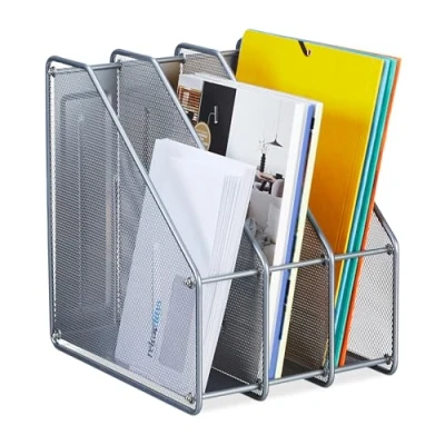 Afbeelding van Relaxdays tijdschriftencassette staand staal 3 vakken A4 magazinehouder kantoor zilver