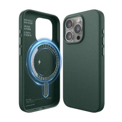 Afbeelding van elago Magnetische leren beschermhoes, compatibel met iPhone 15 Pro, MagSafe, hoogwaardig veganistisch kunstleer, ingebouwde sterke magneten, volledige bescherming,