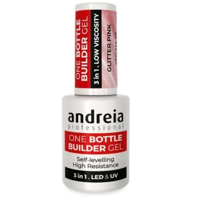 Afbeelding van Andreia Nagelopbouwgel, driefasige gel, UV &amp; LED, professioneel, 3 in 1, ter versterking van de nagel of verlenging, formule met lage viscositeit, zelfnivellerend, fles 14 ml, kleur glitter roze