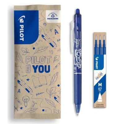 Image de PILOT Lot de 1 Frixion Ball Clicker + Set 3 recharges Stylo rétractable effaçable à encre thermosensible roller rechargeable et ergonomique Bleu Pointe moyenne