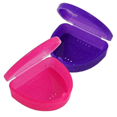 Afbeelding van Set van 2 fijne orthodontische tandetuis Keuze uit kleuren en glitter voor fixaties, bleekdienbladen, tandprothesen meer (glitterroze paars glitter), Roze glitter, Compact
