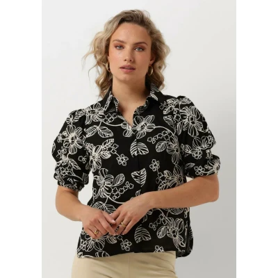 Afbeelding van Jansen Amsterdam Wge722 Embroidered Blouse 3/4 Puffed Sleeve Dames Jurken Kleedje Zwart Maat XS