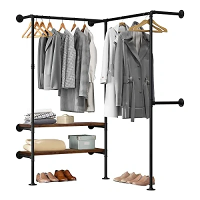 Afbeelding van WOLTU Wandkledingrek, kapstok van stalen buizen en 2 planken, industriële vintage kledingkast, open kast voor slaapkamer, garderobe, winkel, zwart + donker eiken, SRY43shei