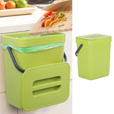 Afbeelding van BELLE VOUS Under Sink Bin Set (2 Pack) 4L &amp; 2.3L Hanging Trash/Garbage Container Green Plastic Kitchen Food Waste for Compost Organic