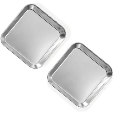 Afbeelding van Yitexin Set van 2 roestvrijstalen dinerborden, dikke metalen borden voor levensmiddelen, klein vierkant dienblad aperitief, koekjes, biefstuk, dessert, salade, tandheelkundige (zilver)